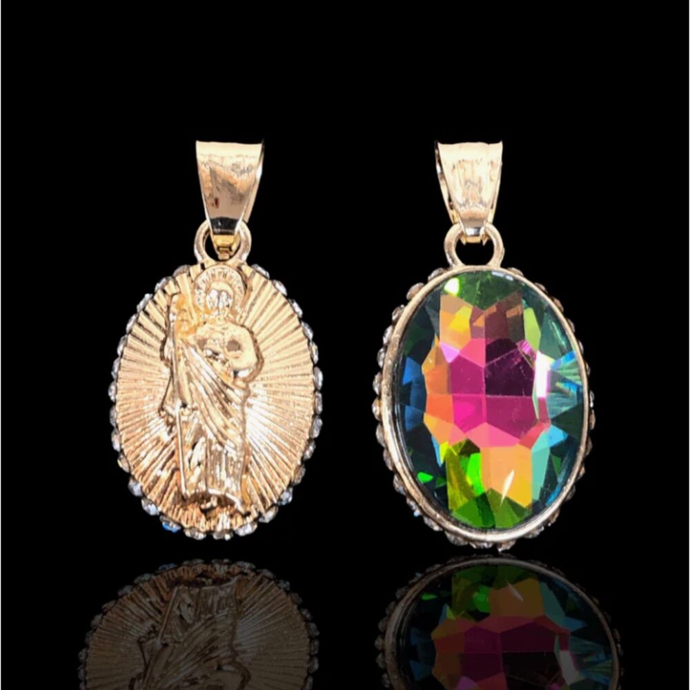 18K Gold Filled San Jude Reversible Pendant Necklace | Multicolor Crystal